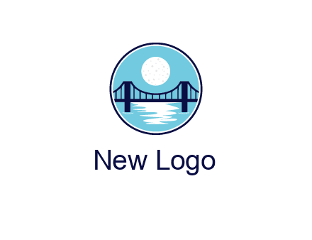 circular logo with a suspension bridge and the moon shining over water