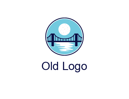 circular logo with a suspension bridge and the moon shining over water
