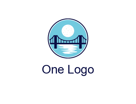 circular logo with a suspension bridge and the moon shining over water
