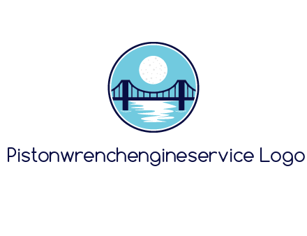 circular logo with a suspension bridge and the moon shining over water