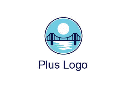 circular logo with a suspension bridge and the moon shining over water