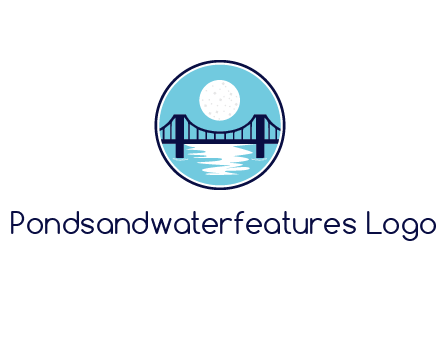 circular logo with a suspension bridge and the moon shining over water