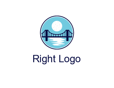 circular logo with a suspension bridge and the moon shining over water