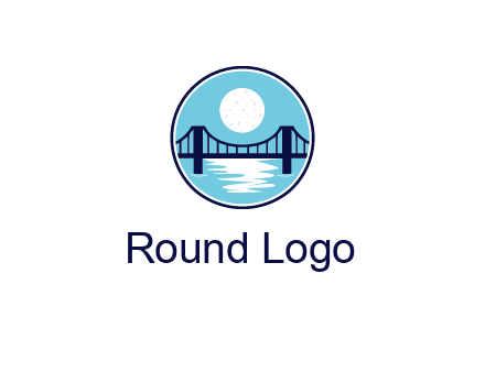 circular logo with a suspension bridge and the moon shining over water