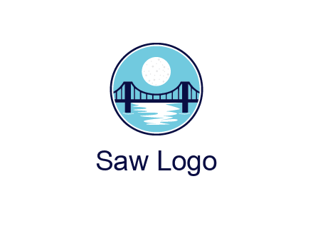 circular logo with a suspension bridge and the moon shining over water