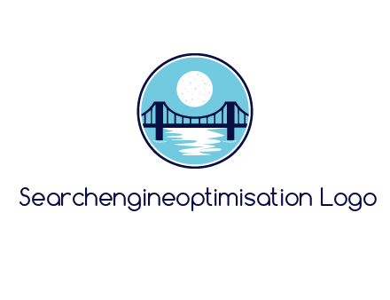 circular logo with a suspension bridge and the moon shining over water