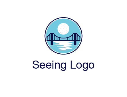 circular logo with a suspension bridge and the moon shining over water
