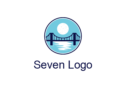 circular logo with a suspension bridge and the moon shining over water