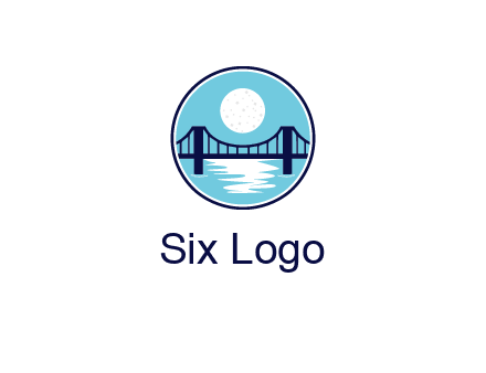 circular logo with a suspension bridge and the moon shining over water
