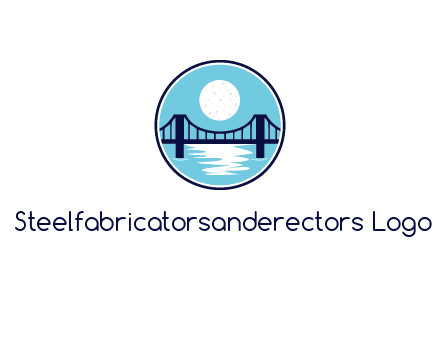 circular logo with a suspension bridge and the moon shining over water
