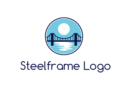 circular logo with a suspension bridge and the moon shining over water