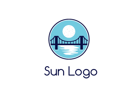 circular logo with a suspension bridge and the moon shining over water