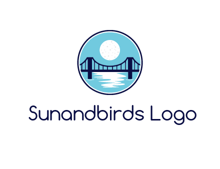 circular logo with a suspension bridge and the moon shining over water