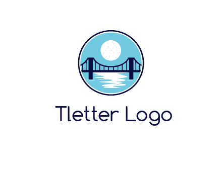 circular logo with a suspension bridge and the moon shining over water