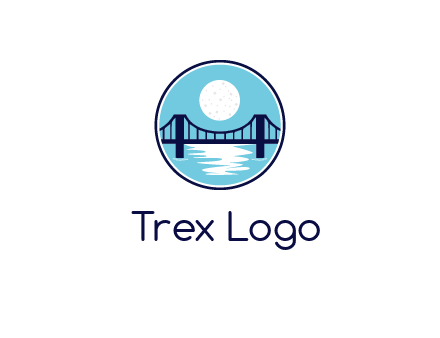 circular logo with a suspension bridge and the moon shining over water