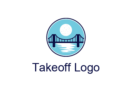 circular logo with a suspension bridge and the moon shining over water