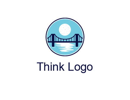 circular logo with a suspension bridge and the moon shining over water