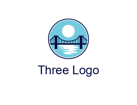 circular logo with a suspension bridge and the moon shining over water