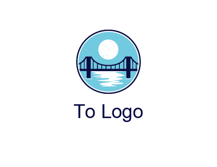 circular logo with a suspension bridge and the moon shining over water