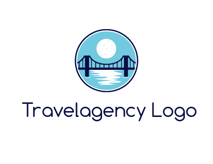 circular logo with a suspension bridge and the moon shining over water