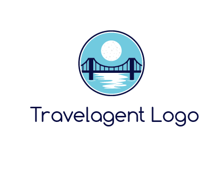circular logo with a suspension bridge and the moon shining over water