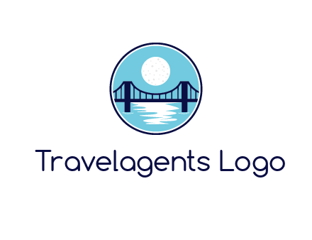 circular logo with a suspension bridge and the moon shining over water