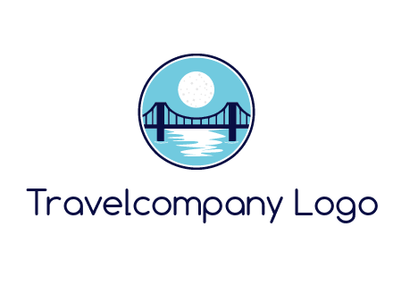 circular logo with a suspension bridge and the moon shining over water