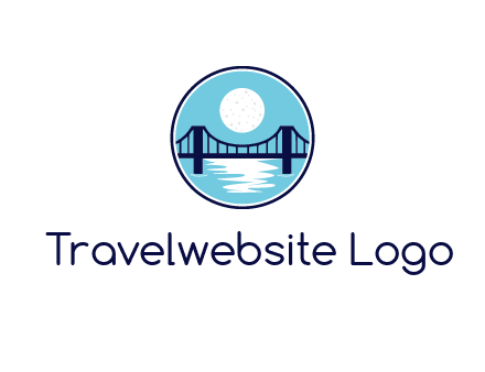 circular logo with a suspension bridge and the moon shining over water