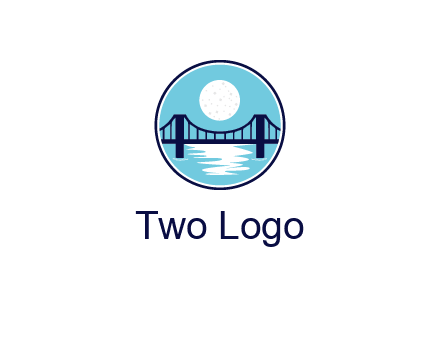 circular logo with a suspension bridge and the moon shining over water