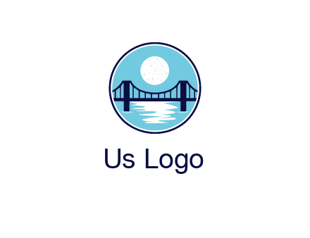 circular logo with a suspension bridge and the moon shining over water