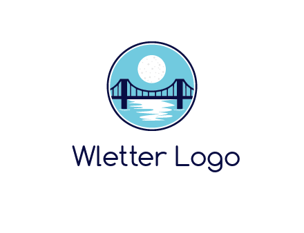 circular logo with a suspension bridge and the moon shining over water