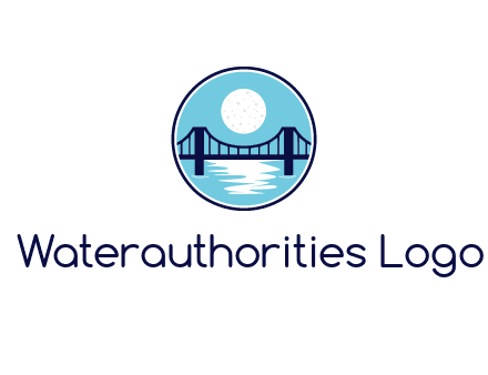 circular logo with a suspension bridge and the moon shining over water