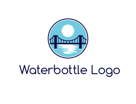circular logo with a suspension bridge and the moon shining over water
