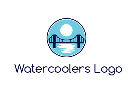 circular logo with a suspension bridge and the moon shining over water