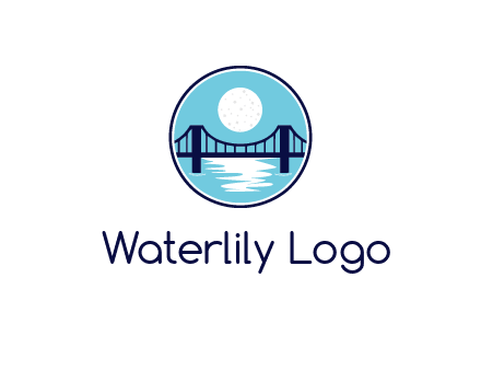 circular logo with a suspension bridge and the moon shining over water