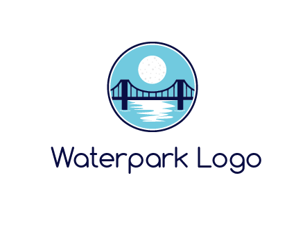circular logo with a suspension bridge and the moon shining over water