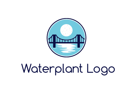 circular logo with a suspension bridge and the moon shining over water