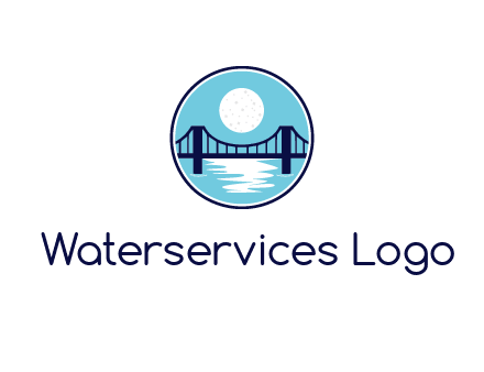 circular logo with a suspension bridge and the moon shining over water