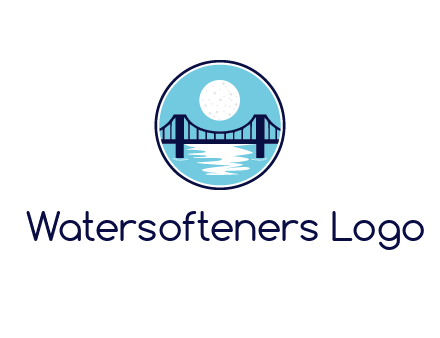 circular logo with a suspension bridge and the moon shining over water