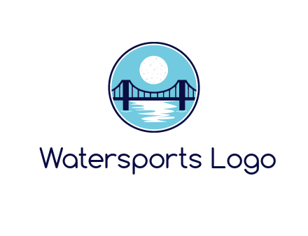 circular logo with a suspension bridge and the moon shining over water