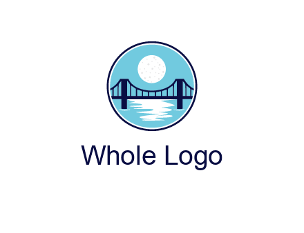 circular logo with a suspension bridge and the moon shining over water