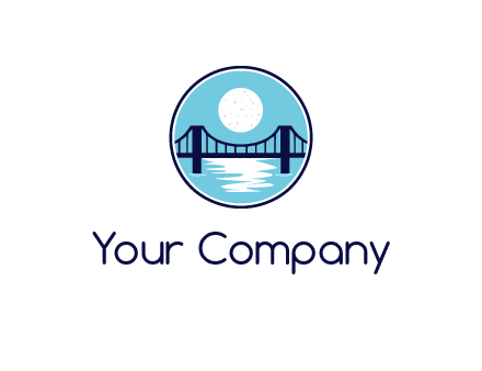 circular logo with a suspension bridge and the moon shining over water