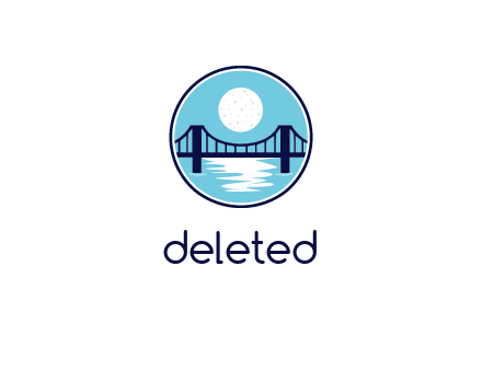 circular logo with a suspension bridge and the moon shining over water