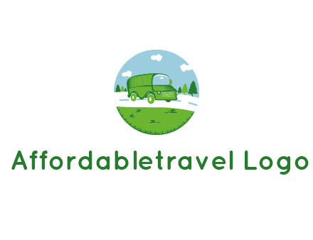 Camper van or bus on a road surrounded by grass, trees and the blue sky