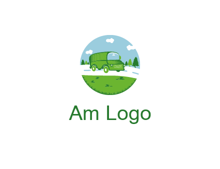 Camper van or bus on a road surrounded by grass, trees and the blue sky