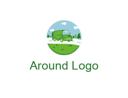 Camper van or bus on a road surrounded by grass, trees and the blue sky