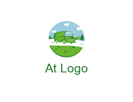 Camper van or bus on a road surrounded by grass, trees and the blue sky