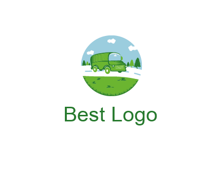 Camper van or bus on a road surrounded by grass, trees and the blue sky