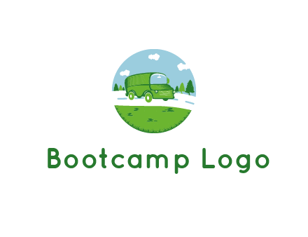 Camper van or bus on a road surrounded by grass, trees and the blue sky