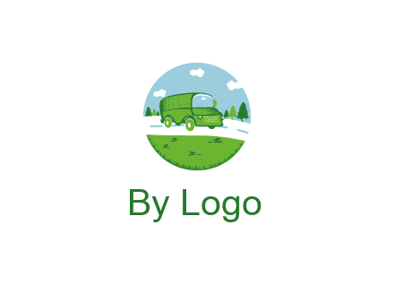 Camper van or bus on a road surrounded by grass, trees and the blue sky